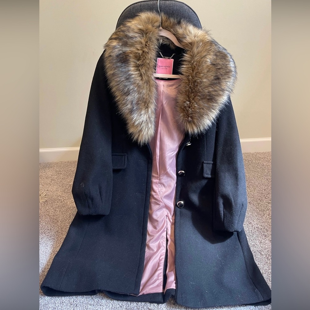 Kate Spade Faux Fur Collar Black Coat Small 2 4